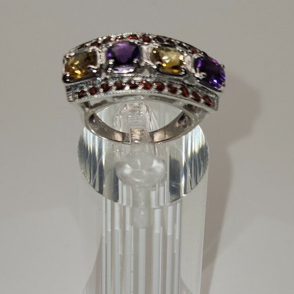 .925 Sterling Silver Natural Amethyst/Garnet/Citrine Ring Size 7 Value $670 - Picture 2 of 7